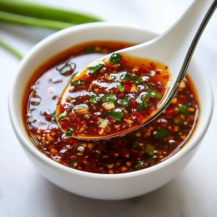 Spicy honey garlic dipping sauce in a small bowl with fresh garlic and honey