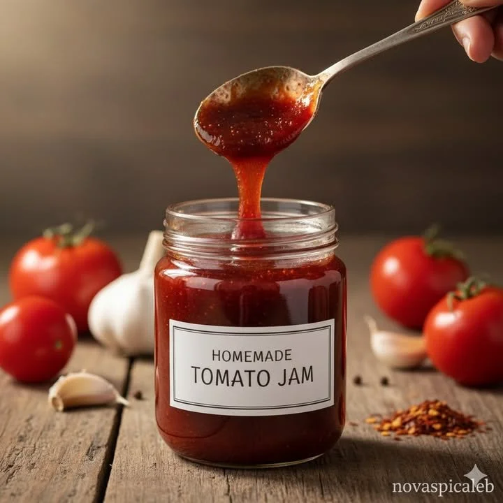 Jar of spicy tomato jam with fresh tomatoes and spices