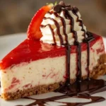 Slice of Strawberry Dream Cheesecake topped with fresh strawberries