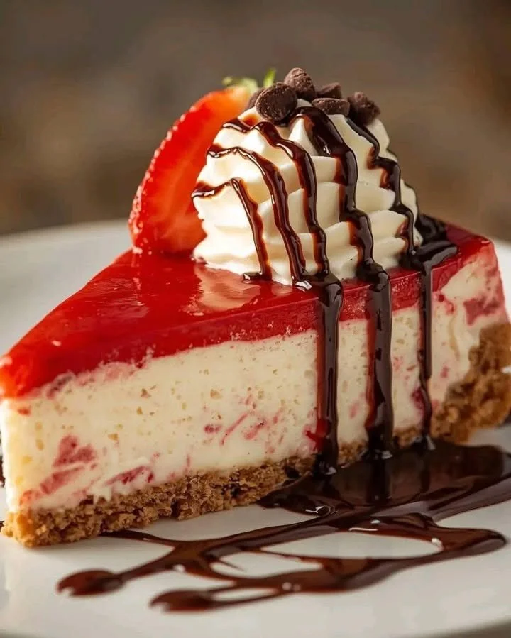 Slice of Strawberry Dream Cheesecake topped with fresh strawberries