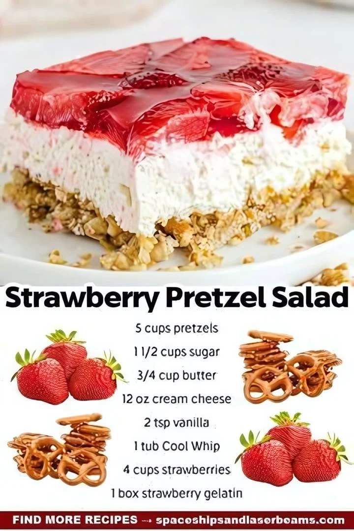 Delicious Strawberry Pretzel Salad with layers of strawberries and pretzels