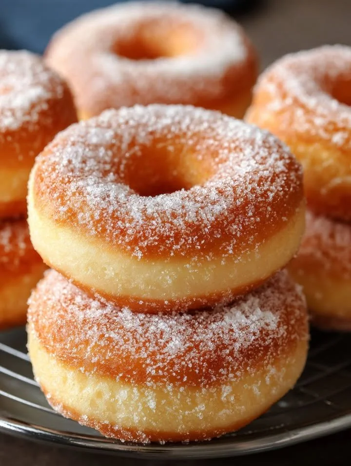 Delicious sugar donuts dusted with powdered sugar