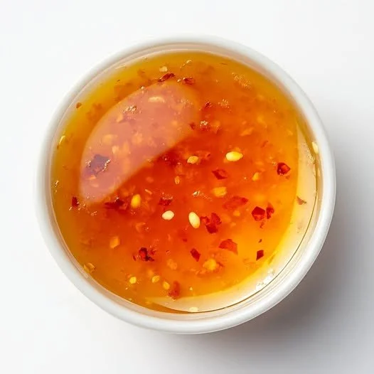 Bottle of Thai Sweet Chili Sauce with a chili pepper and garlic cloves