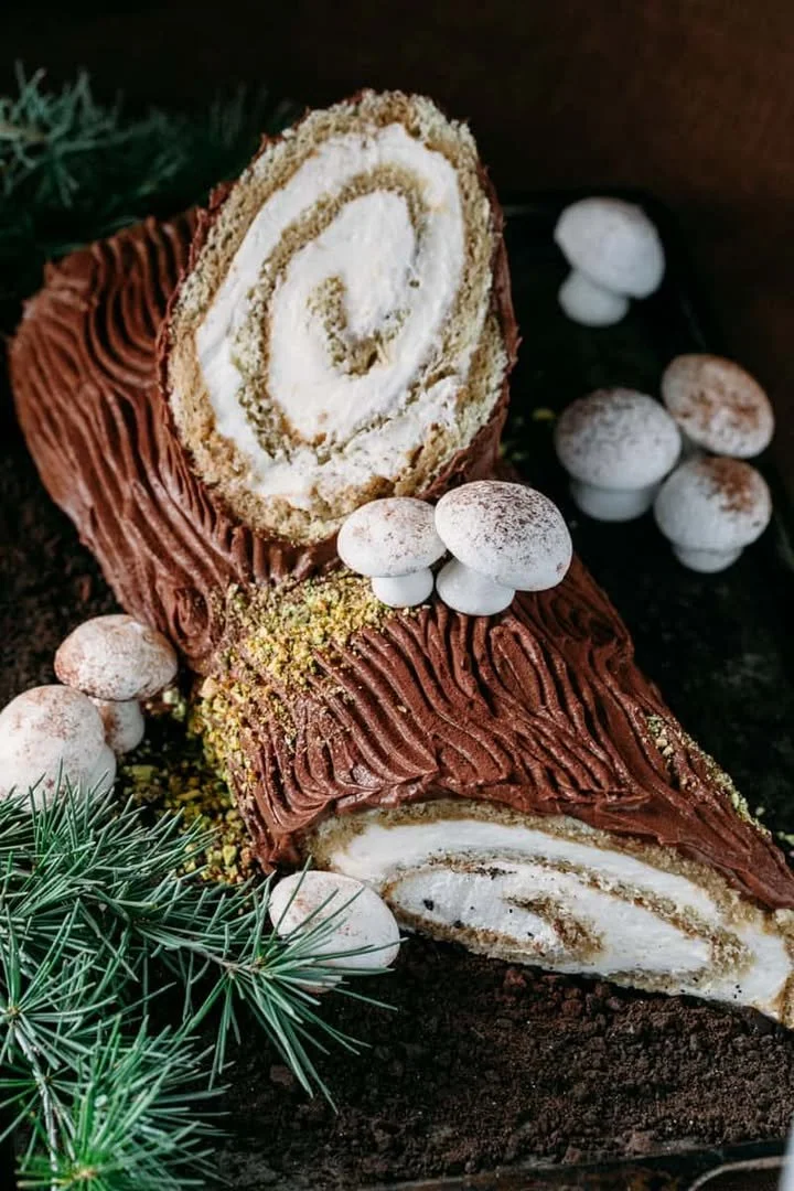 Tiramisu Yule Log Cake decorated with coffee and cocoa powder