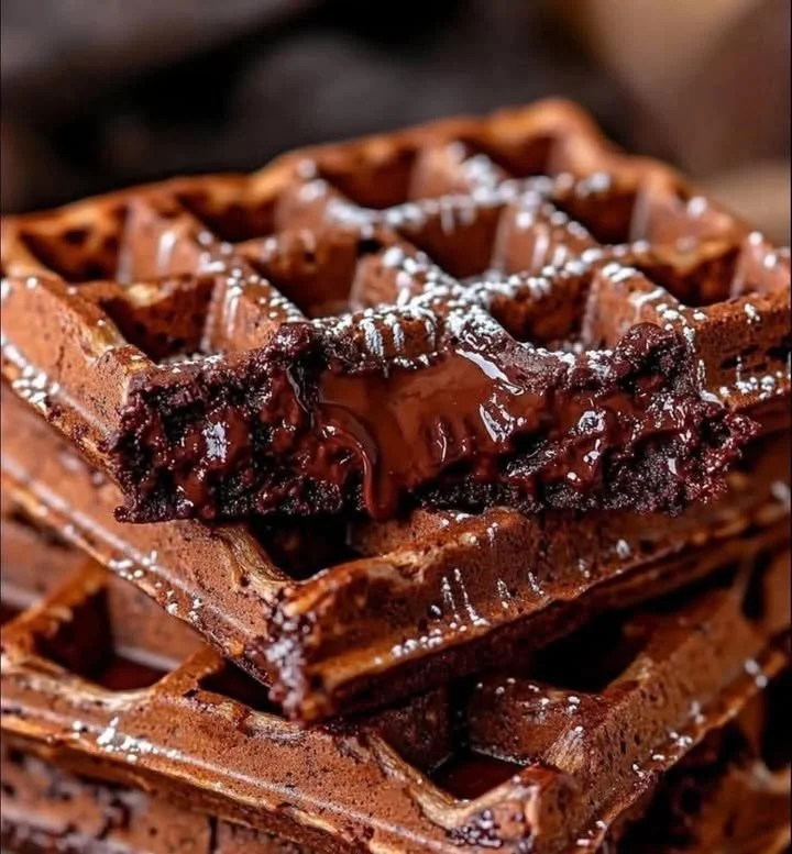 Delicious ultra gooey brownie waffles topped with chocolate sauce and berries